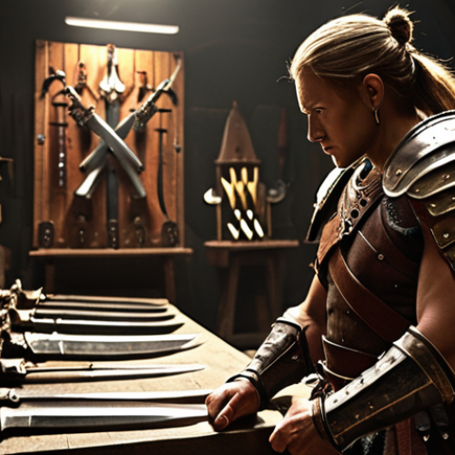 Home 11 Weapon Selection**
A fierce warrior inspecting a variety of weapons in a dimly lit armory. Focus on the details of the weapons: swords, axes, bows, and daggers, each with unique characteristics. The warrior's expression should convey strategic thinking and a desire for optimized power. Include visual cues suggesting stats and damage types overlaying the weapons.
**