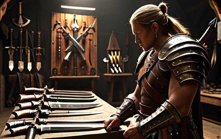 Weapon Selection**
A fierce warrior inspecting a variety of weapons in a dimly lit armory. Focus on the details of the weapons: swords, axes, bows, and daggers, each with unique characteristics. The warrior's expression should convey strategic thinking and a desire for optimized power. Include visual cues suggesting stats and damage types overlaying the weapons.
**