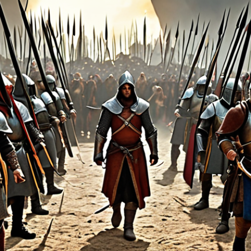 Home 6 **
"A medieval fantasy battle scene. Focus on two alliances clashing, showcasing a diverse group of warriors, mages, and archers. Use a dramatic, epic style, inspired by classic fantasy art. Include elements of a well-coordinated team, emphasizing strategy and tactics."
**