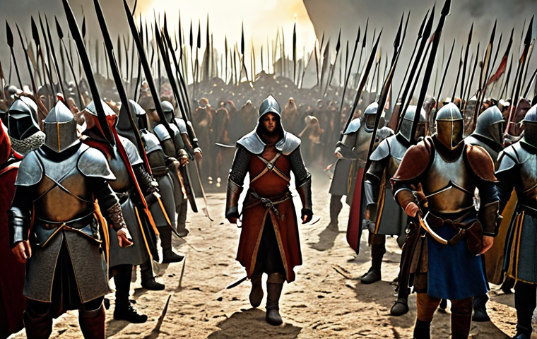 **
"A medieval fantasy battle scene. Focus on two alliances clashing, showcasing a diverse group of warriors, mages, and archers. Use a dramatic, epic style, inspired by classic fantasy art. Include elements of a well-coordinated team, emphasizing strategy and tactics."
**