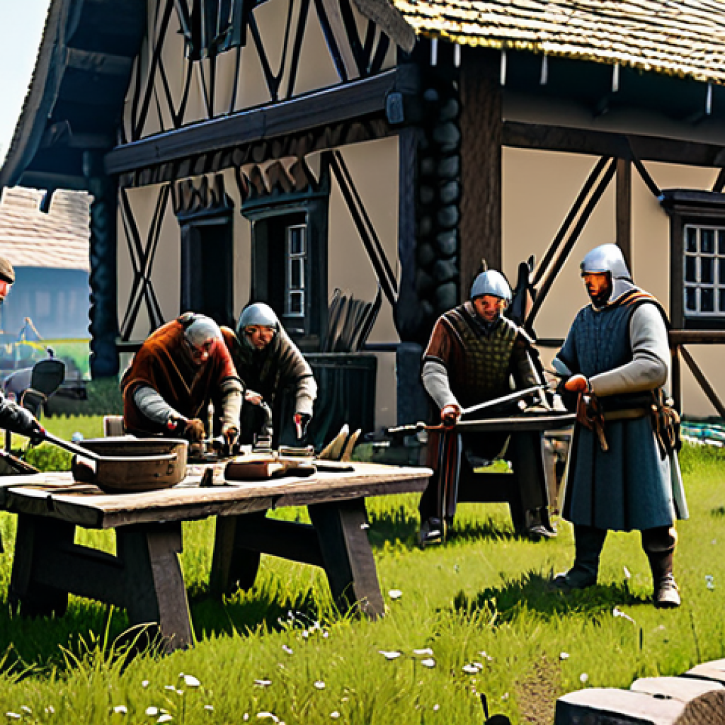 나이트크로우 클랜 성장 비결 - Thriving Clan Base**
"A bustling medieval clan base in the Russian countryside, fully clothed figur...