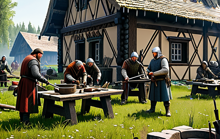 나이트크로우 클랜 성장 비결 - Thriving Clan Base**
"A bustling medieval clan base in the Russian countryside, fully clothed figur...