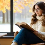 나이트크로우 중반 육성 가이드 - A cozy autumn afternoon scene: A young woman, about 20 years old, with long, wavy brown hair, is com...