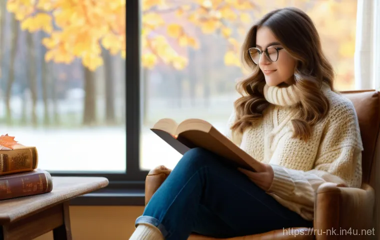 나이트크로우 중반 육성 가이드 - A cozy autumn afternoon scene: A young woman, about 20 years old, with long, wavy brown hair, is com...
