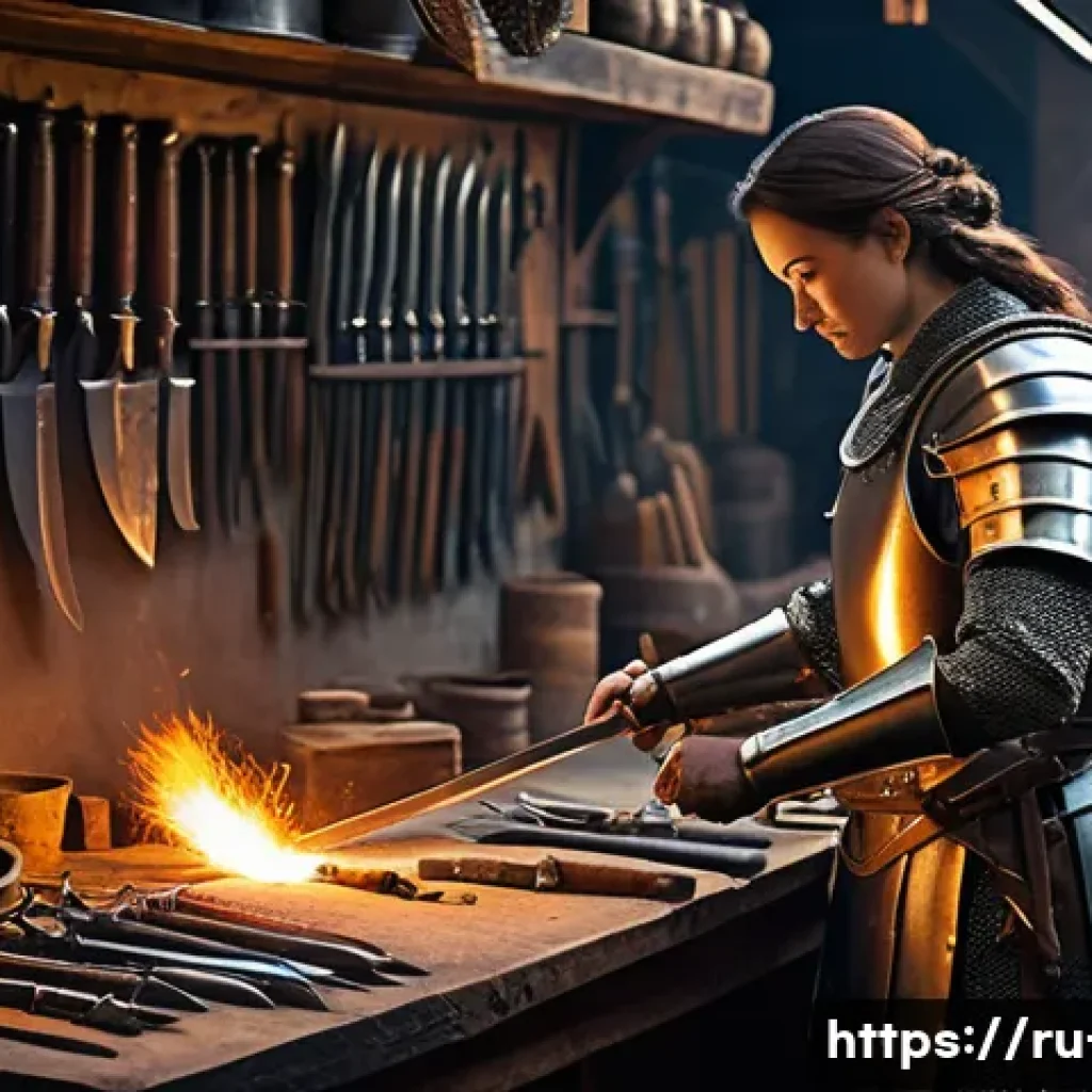 나이트크로우 NPC 호감도 시스템 - A male knight, clad in polished, practical plate armor, stands respectfully before an experienced fe...